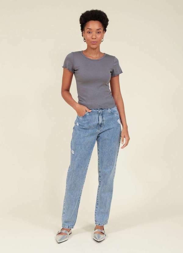 Pop Me - Calca Jeans Mom com Glitter Azul