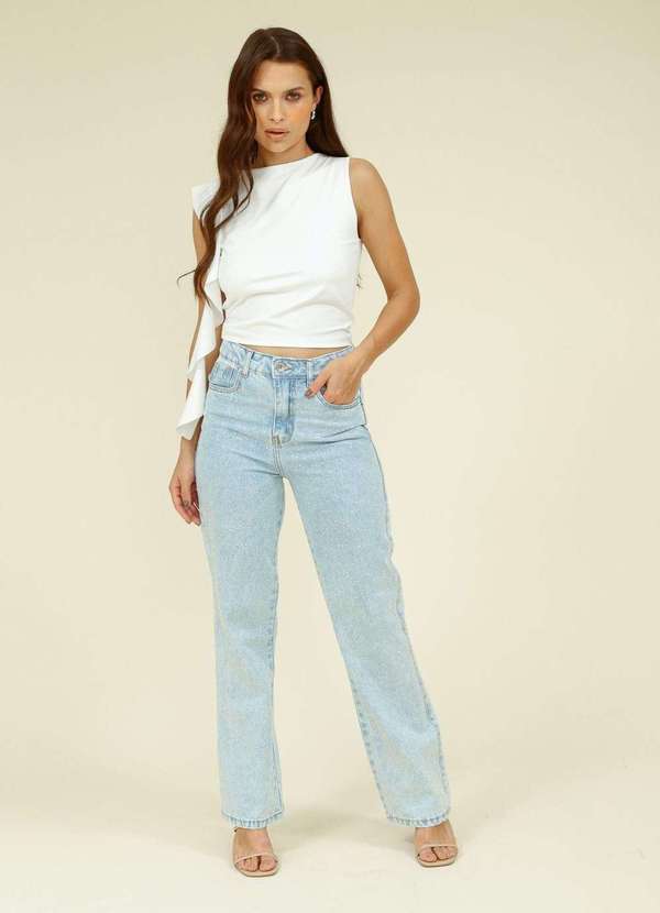 Pop Me - Calca Jeans Reta com Aplicacao Strass Azul
