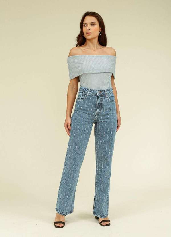 Pop Me - Calca Jeans Reta com Strass em Linhas Azul