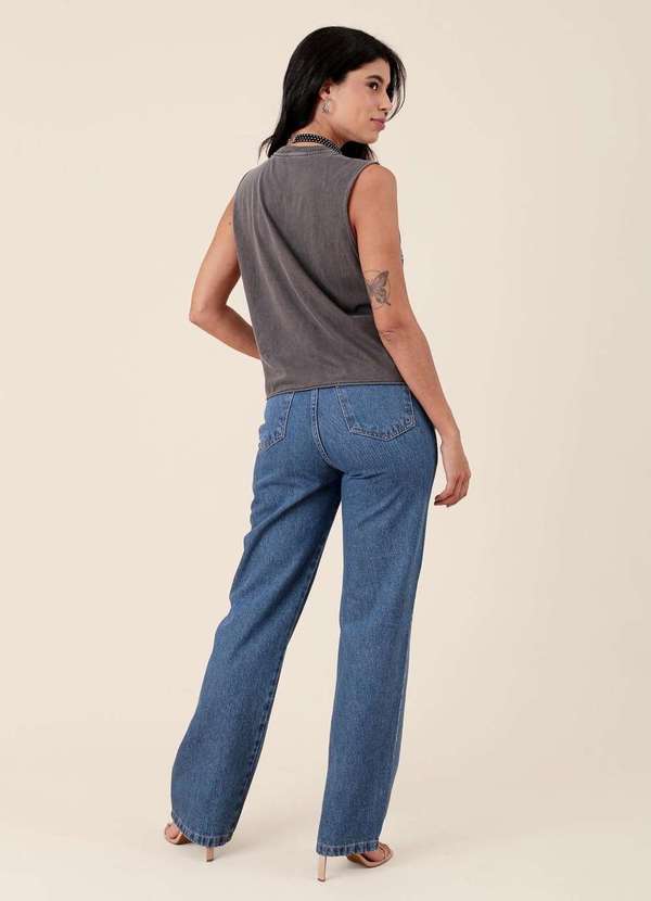 Pop Me - Calca Jeans Reta com Strass Frontal Azul 2