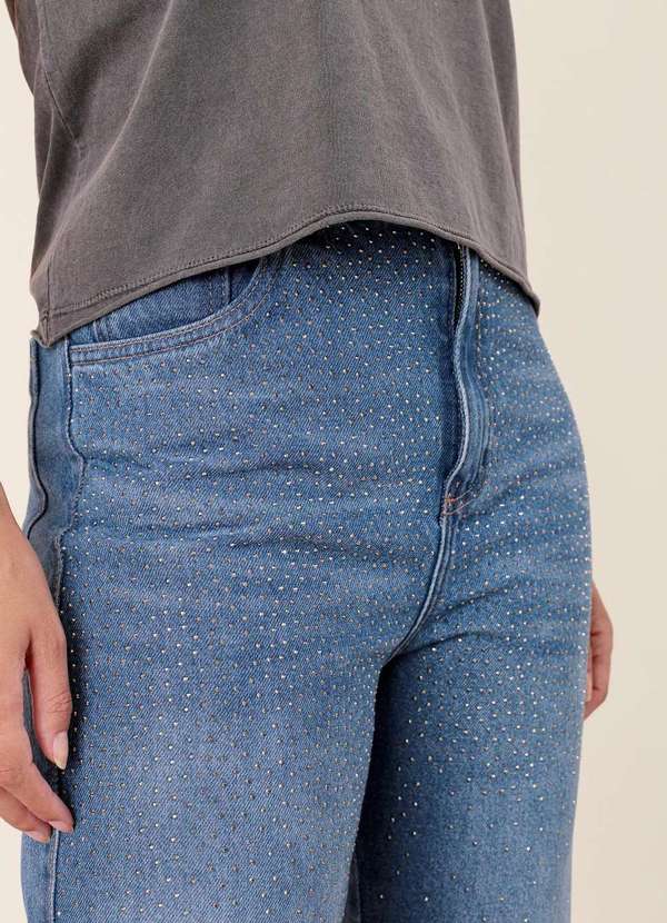 Pop Me - Calca Jeans Reta com Strass Frontal Azul 3