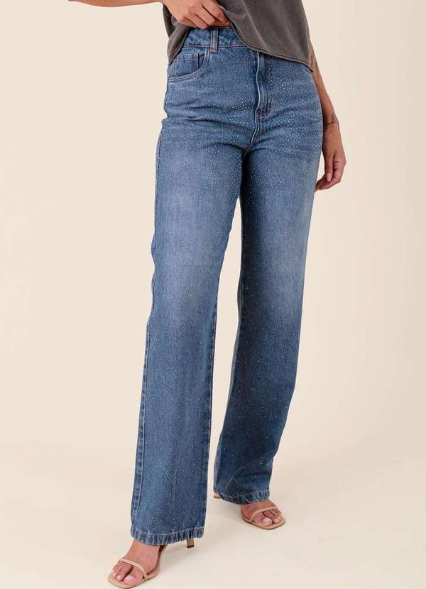 Pop Me - Calca Jeans Reta com Strass Frontal Azul 4