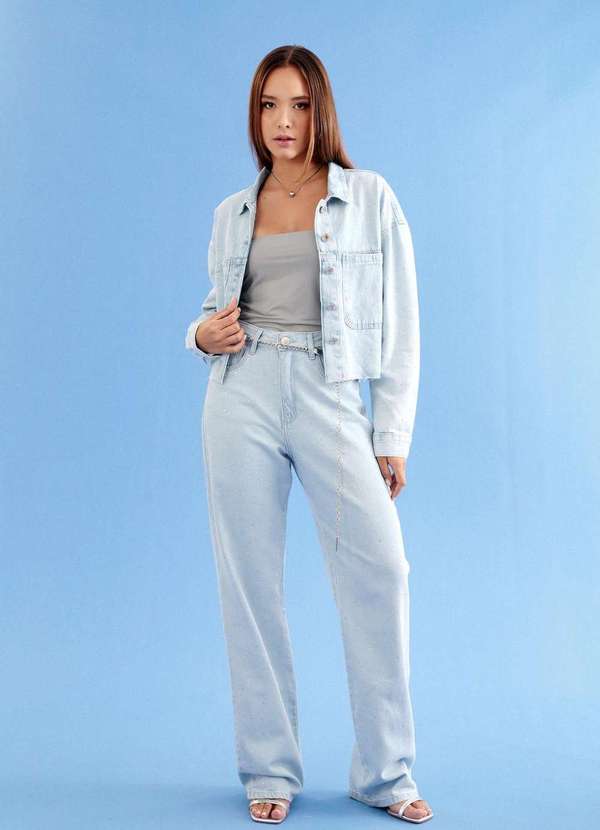 Pop Me - Calca Jeans Reta com Strass Azul