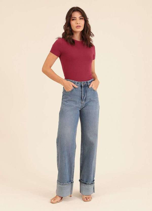 Pop Me - Calca Jeans Wide Leg Barra Virada Azul