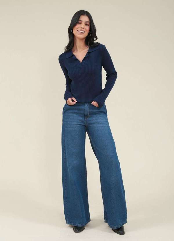 Calca Jeans Wide Leg Bolso Faca Azul Pop Me