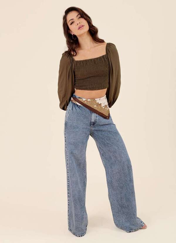 Pop Me - Calca Jeans Wide Leg Bolso Faca Azul