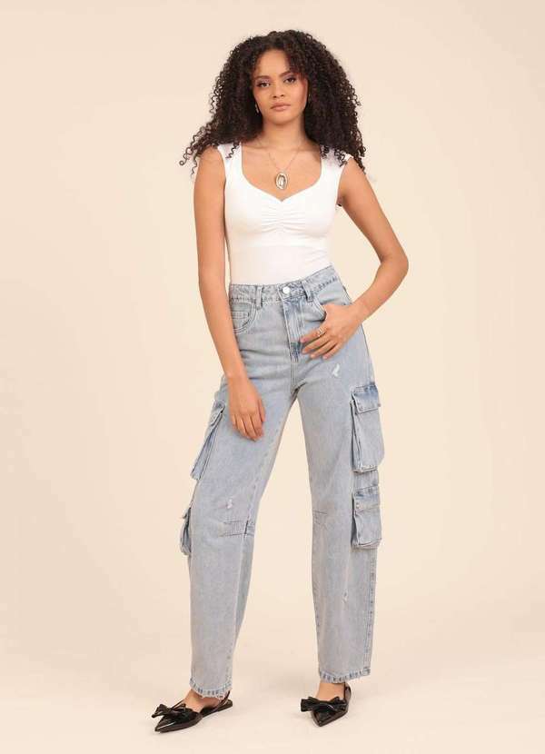 Pop Me - Calca Jeans Wide Leg Cargo Azul