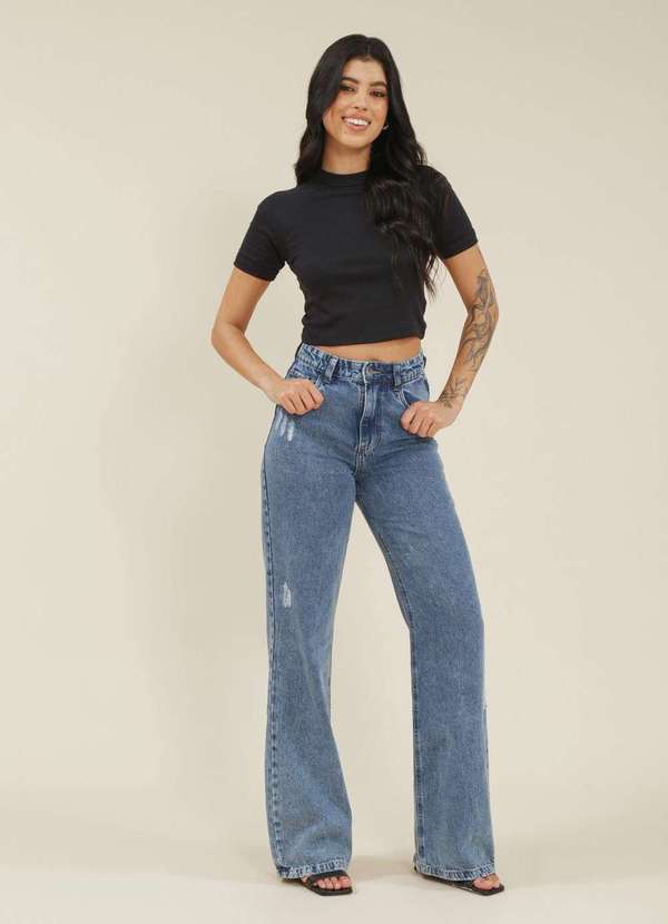 Pop Me - Calca Jeans Wide Leg Cintura Alta com Puidos Azul