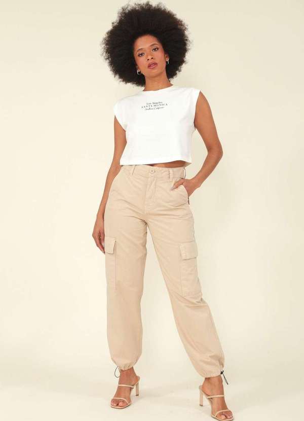 Pop Me Calca Jogger Sarja Bolso Cargo Stopper Barra Bege