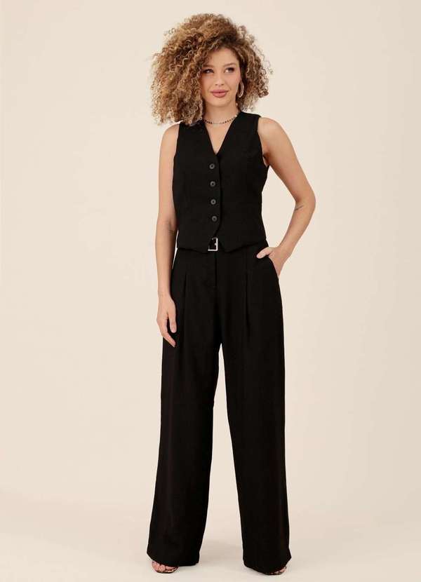 Pop Me - Calca Pantalona com Cinto em Alfaiataria Preto