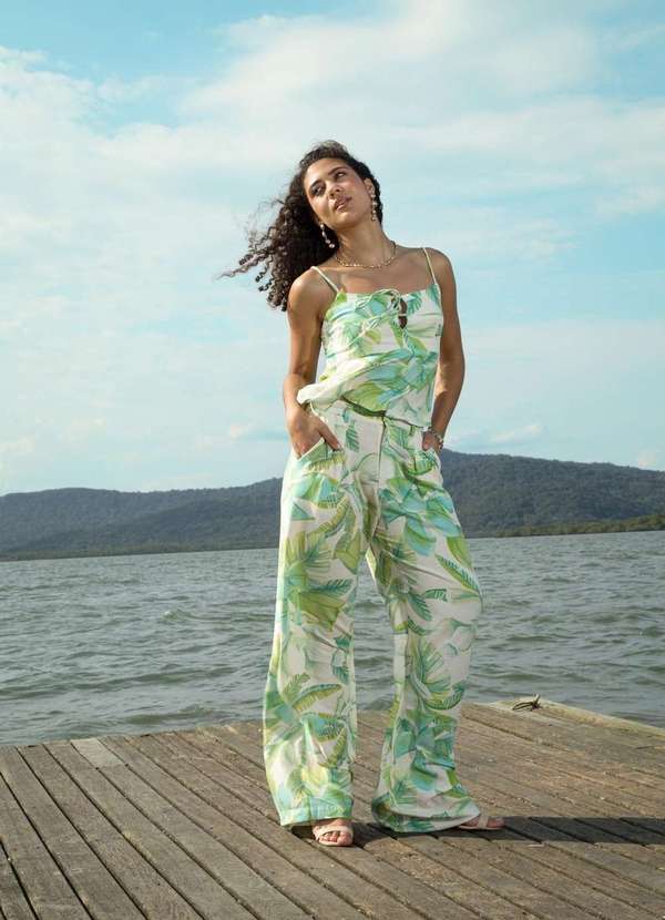 Pop Me - Calca Pantalona em Linho Estampada Flor da Ilha Verde