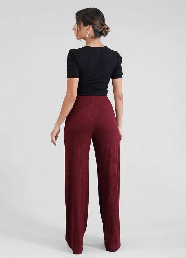 Pop Me - Calca Pantalona em Malha Canelada com Pregas Bolso Vermelho 2
