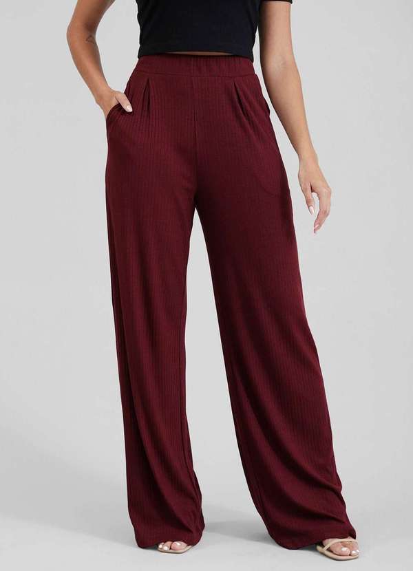 Pop Me - Calca Pantalona em Malha Canelada com Pregas Bolso Vermelho 4