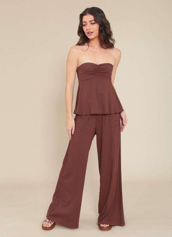 Pop Me - Calca Pantalona em Viscolinho com Bolso Marrom