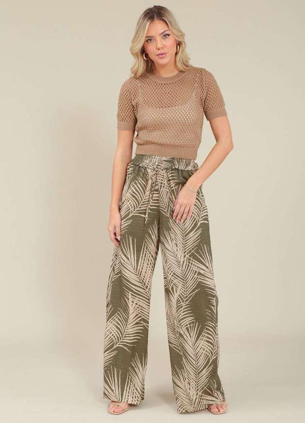 Pop Me - Calca Pantalona em Viscose com Lurex Estampa Folhagem Verde
