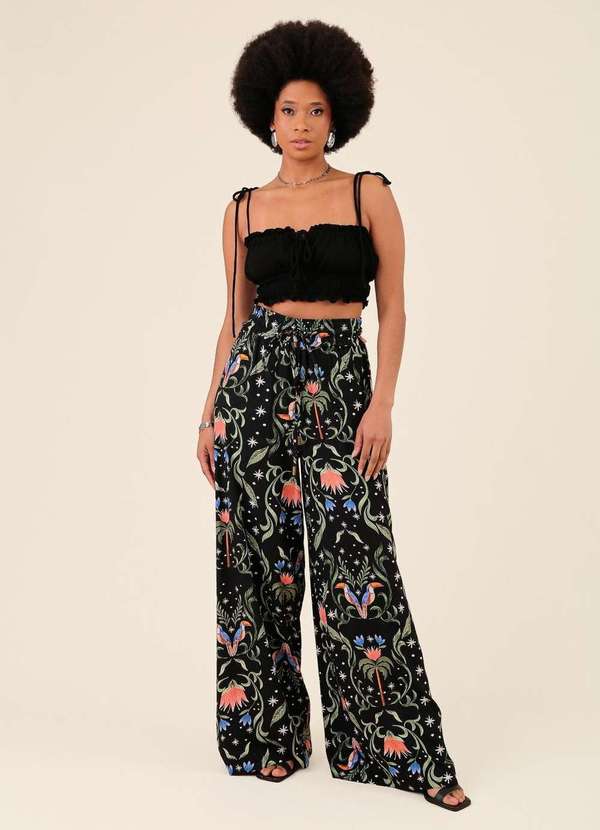 Pop Me - Calca Pantalona em Viscose Estampada Tucano Tropical Preto