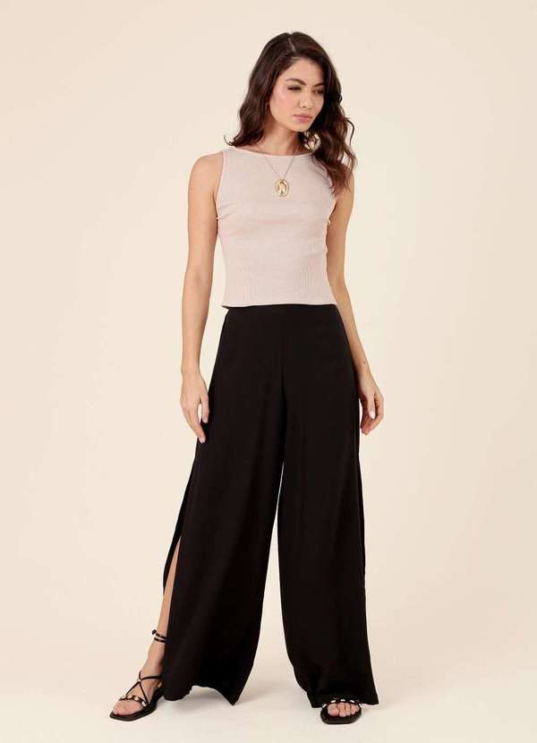 Pop Me - Calca Pantalona em Viscose Fenda Lateral Preto