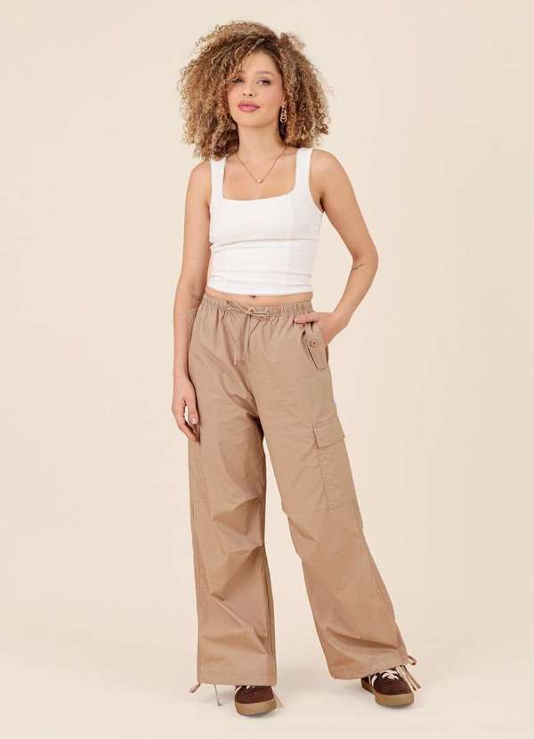 Pop Me - Calca Parachute Bolso Cargo Puxador Barra Bege