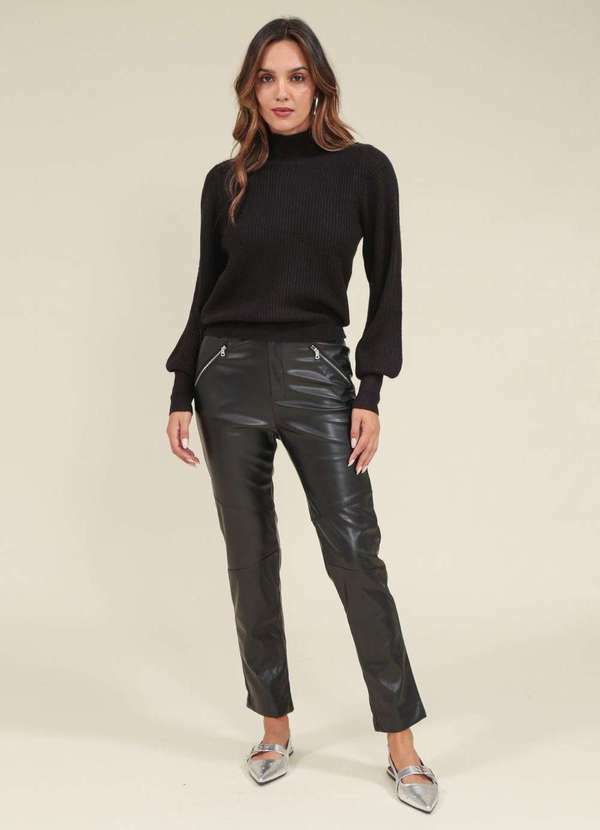 Pop Me - Calca Pu Montaria Recorte Bolso Preto