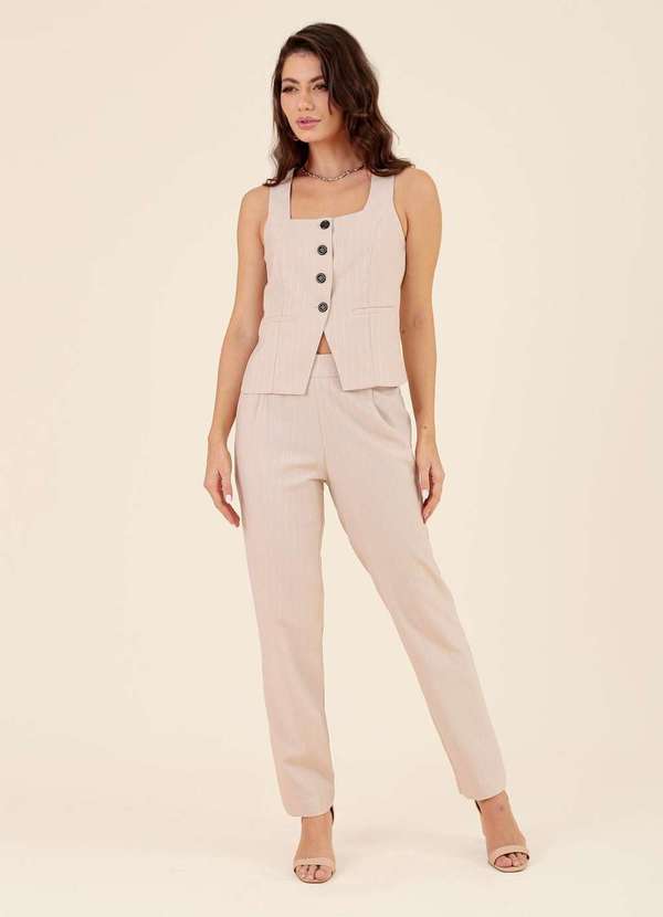 Pop Me - Calca Reta em Alfaiataria Risca de Giz Bege 1