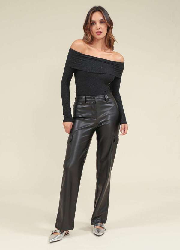 Pop Me - Calca Reta em Pu com Bolso Cargo Preto