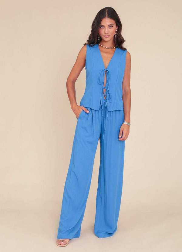 Pop Me - Calca Reta em Viscolinho com Cordao no Cos Azul