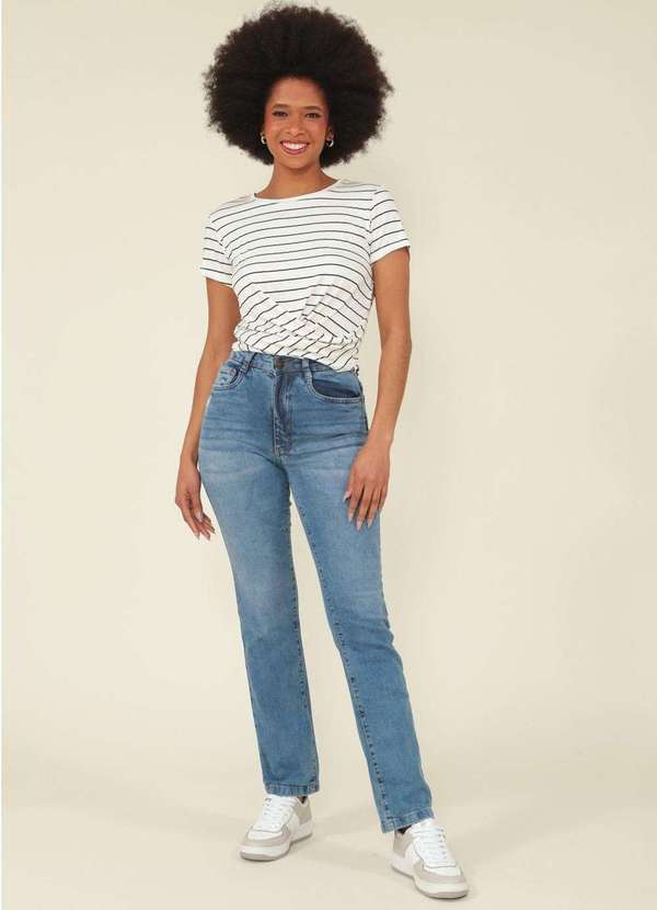 Pop Me - Calca Reta Jeans com Elastano Cintura Alta Azul
