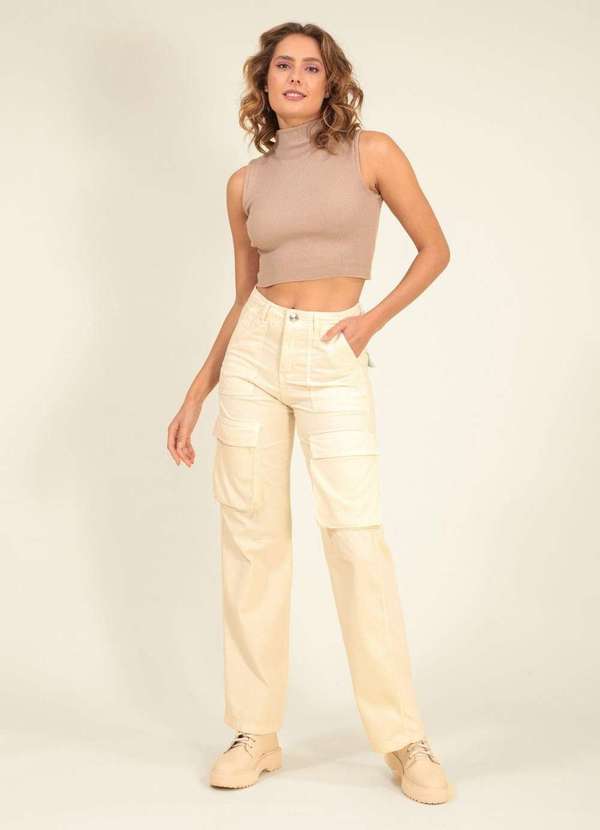 Pop Me - Calca Sarja Bolso Cargo Branco