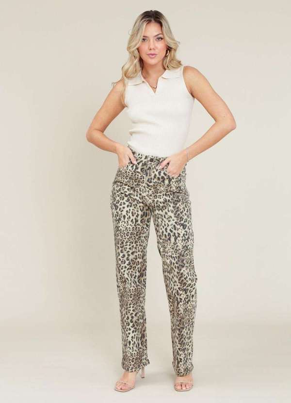 Pop Me - Calca Sarja Reta Leopardo Bege