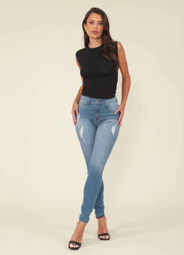 Pop Me - Calca Skinny Jeans Cintura Alta Puidos Azul