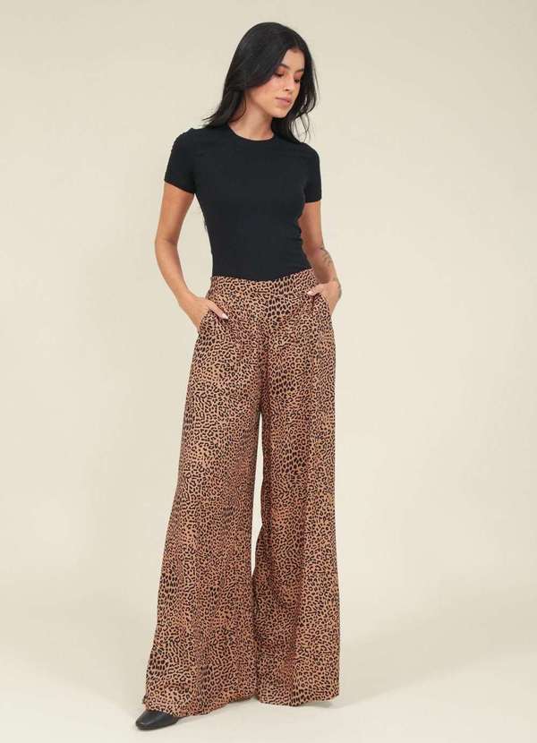 Pop Me - Calca Viscose Animal Print Pantalona Bege