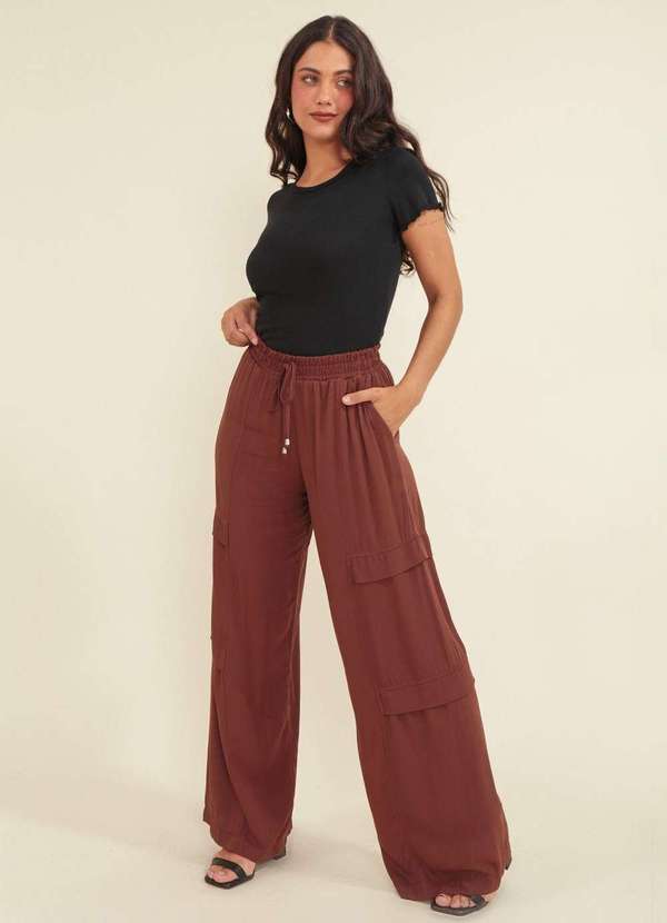 Pop Me - Calca Viscose Twill Pantalona Recorte Marrom