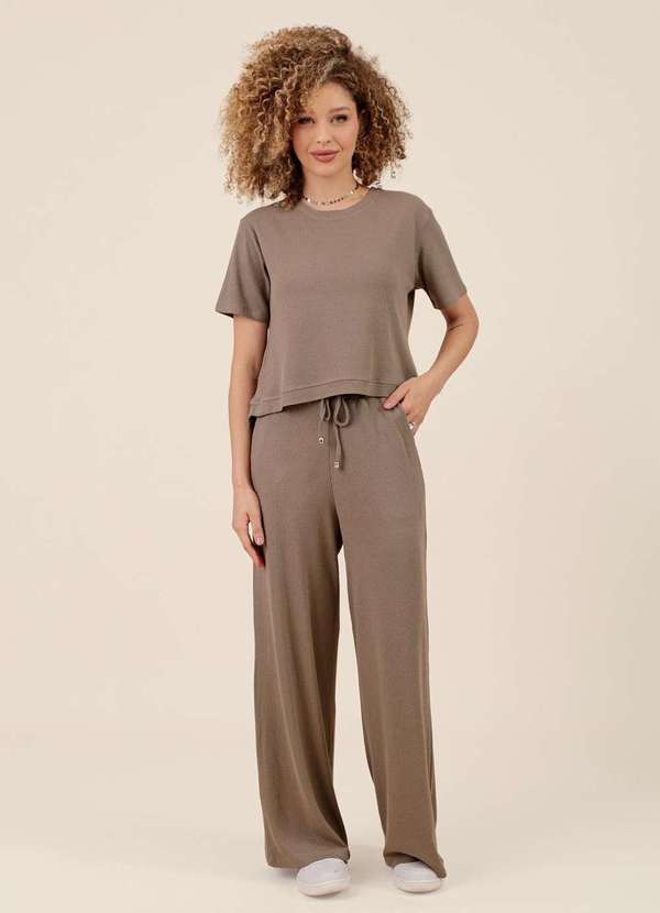 Pop Me - Calca Wide Leg em Malha Texturizada com Bolso Verde