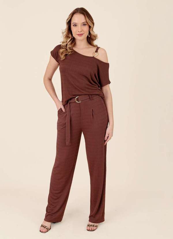 Pop Me - Calca Wide Leg em Malha Texturizada com Cinto Marrom 3