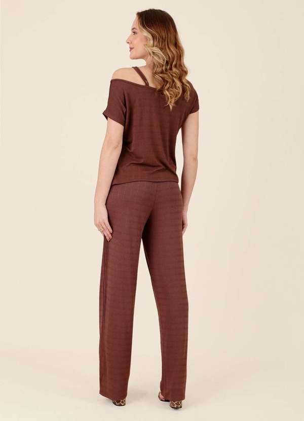 Pop Me - Calca Wide Leg em Malha Texturizada com Cinto Marrom 4