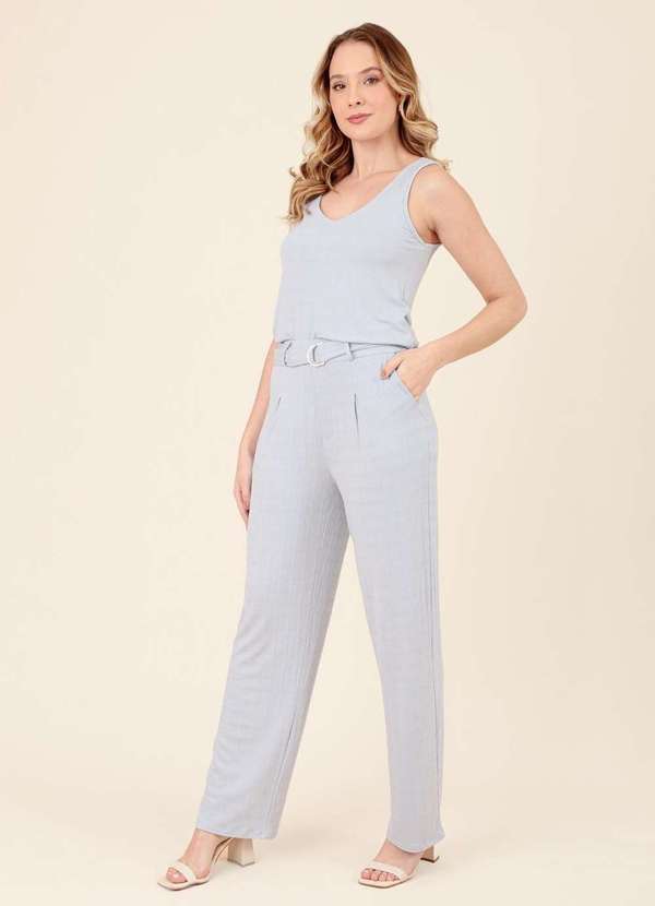 Pop Me - Calca Wide Leg em Malha Texturizada com Cinto Azul 2