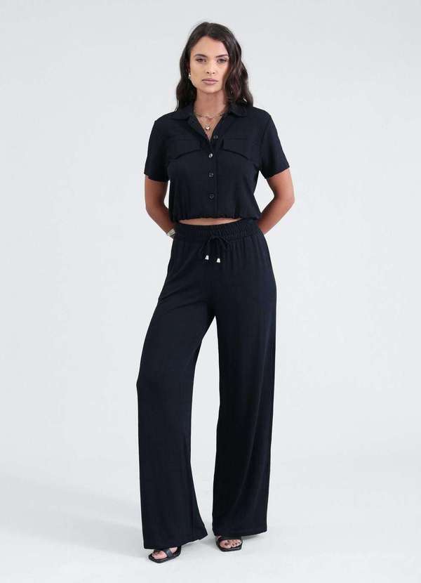 Pop Me - Calca Wide Leg em Malha Texturizada Cos com Elastico Preto