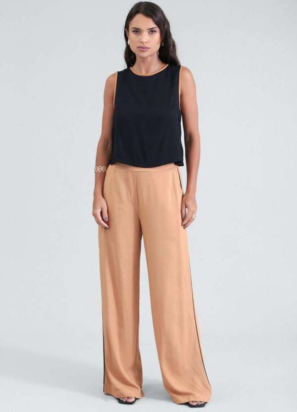 Pop Me - Calca Wide Leg em Viscose com Filete Bege