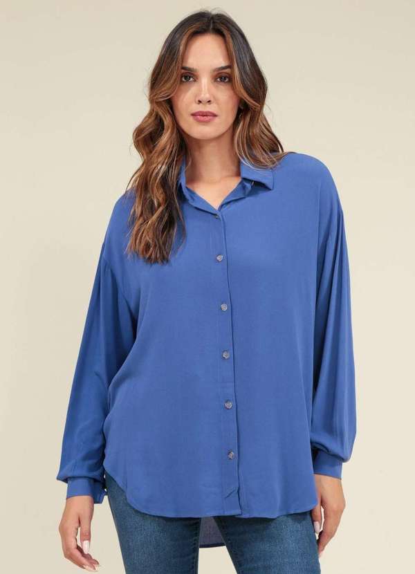 Pop Me - Camisa Crepe Manga Longa Barra Arredondada Azul
