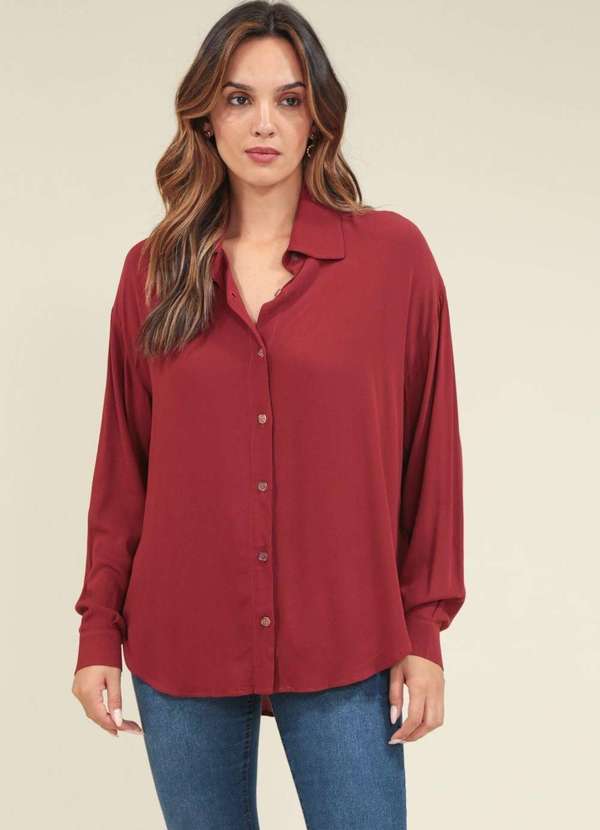 Pop Me - Camisa Crepe Manga Longa Barra Arredondada Roxo