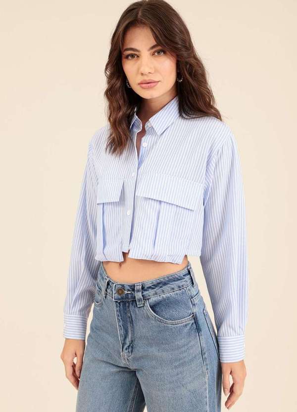 Pop Me - Camisa Cropped em Crepe Listrado Manga Longa Azul