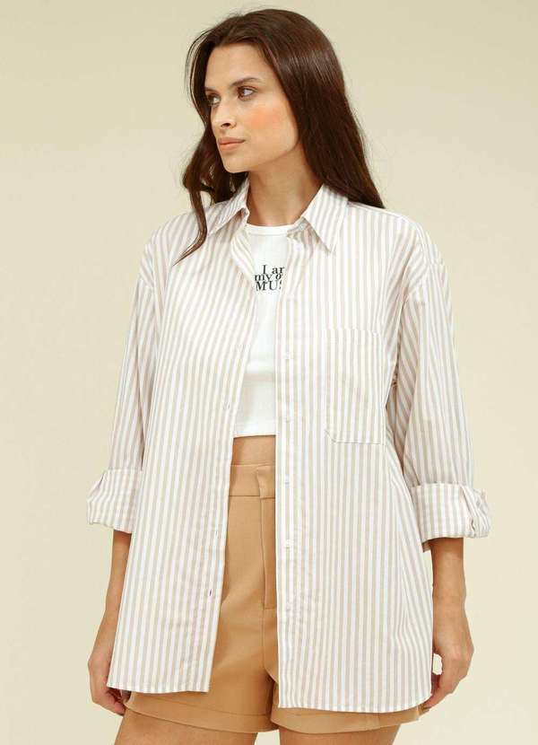 Pop Me - Camisa em Tricoline Listrado Oversized Manga Longa Bege