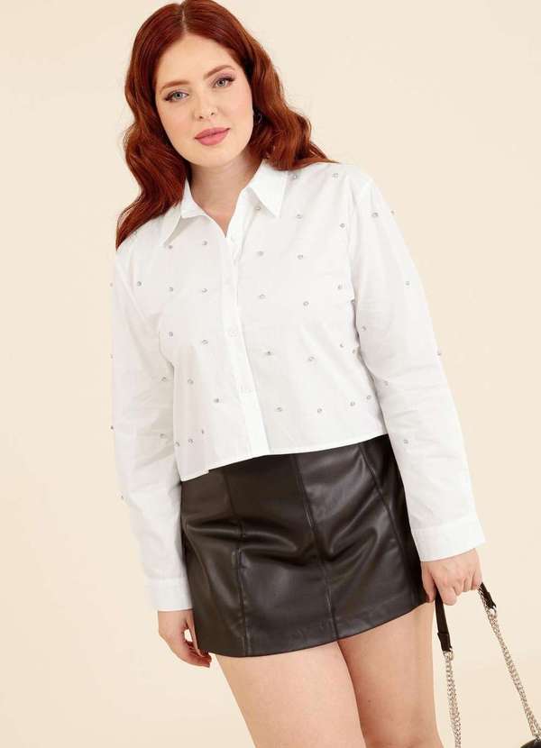 Pop Me - Camisa em Tricoline Manga Longa com Apliques Strass Branco