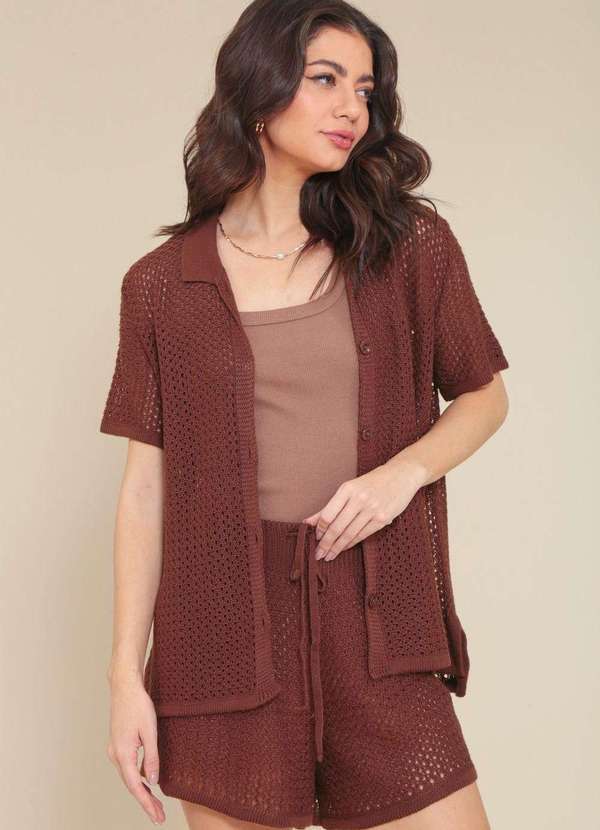 Pop Me - Camisa Manga Curta em Trico Vazado Marrom