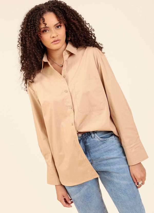 Pop Me - Camisa Oversized em Tricoline Manga Longa Bege