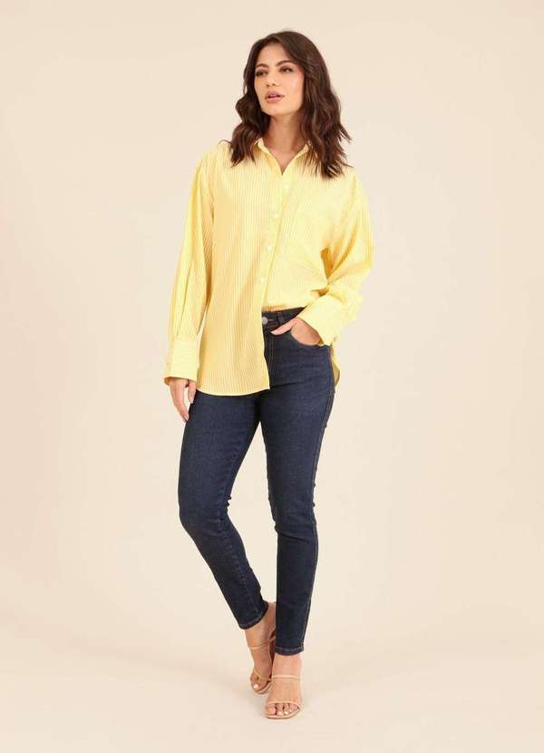 Pop Me - Camisa Oversized Manga Longa Listrada em Crepe Amarelo 4