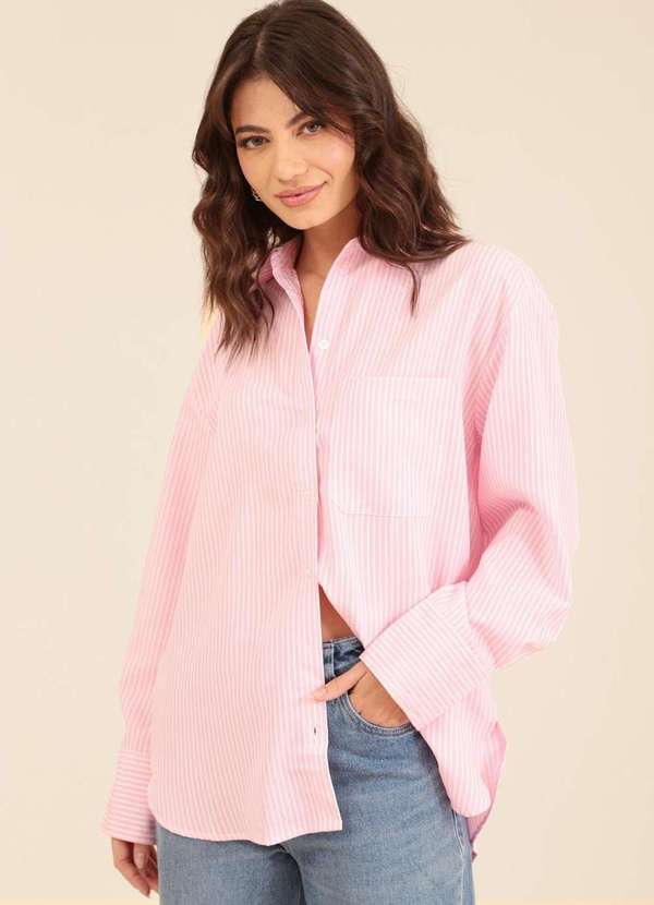 Pop Me - Camisa Oversized Manga Longa Listrada em Crepe Rosa 1