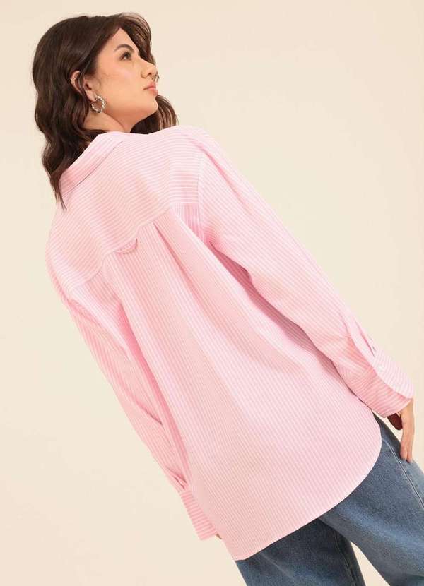 Pop Me - Camisa Oversized Manga Longa Listrada em Crepe Rosa 2