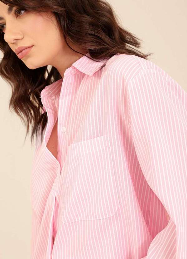 Pop Me - Camisa Oversized Manga Longa Listrada em Crepe Rosa 3