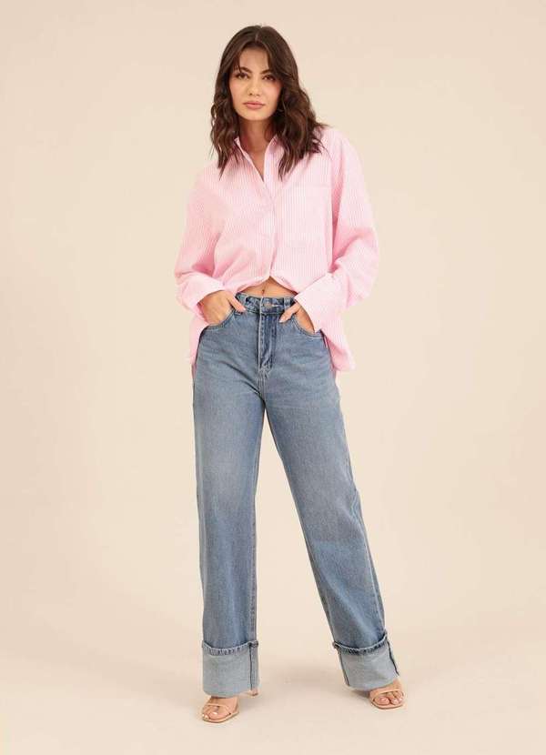 Camisa Oversized Manga Longa Listrada em Crepe Rosa Pop Me